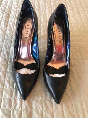 Ted Baker "Kaawa 2" Black Patent Pointed-Toe Pumps — Rose Gold Trim, Size 37/US