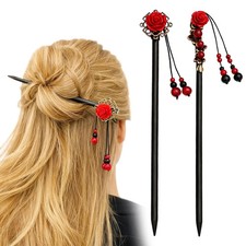 2PCS Chinese Wooden Hair Sticks Set, Retro Handmade Wooden Hairpins with Floral