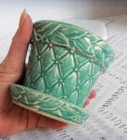 Vtg McCoy Quilted Diamond & Leaves 4" Flower Pot Attached Saucer Teal Green 1950