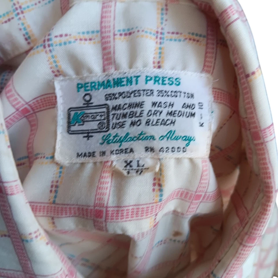 Camisa Kmart Para Hombre XL Vintage SS Cuadros Distress Disco Basura Años 70 Rosa/Multicolor Foto 4 de 4