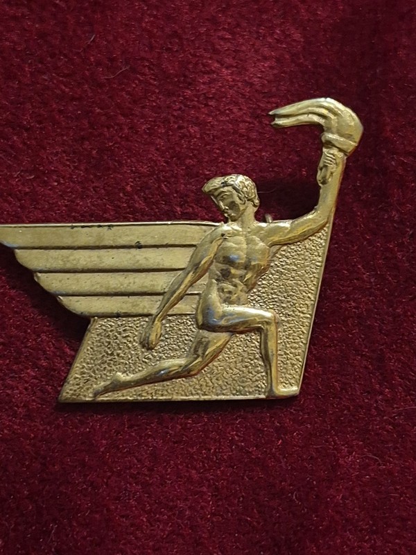 Vintage 1940s Chinese Sports Championship Award Badge Pin Winged Figure Torch...