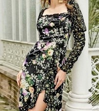 SHEIN Black Multicolor Floral Ruffle Square Neck Midi Dress Long Sleeve Size M
