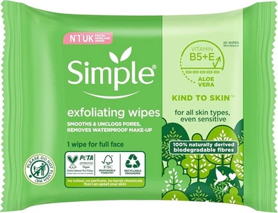 Simple biodegradable Exfoliating Face Wipes Cleansing Wipes to Smooth skin x 20