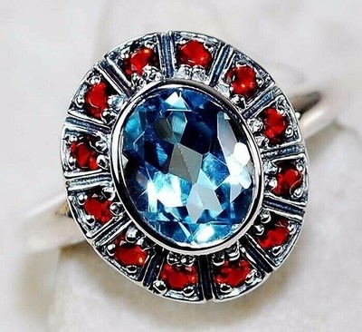 2CT Natural Aquamarine & Garnet 925 Sterling Silver Art Deco Ring Sz 8 FB6-5