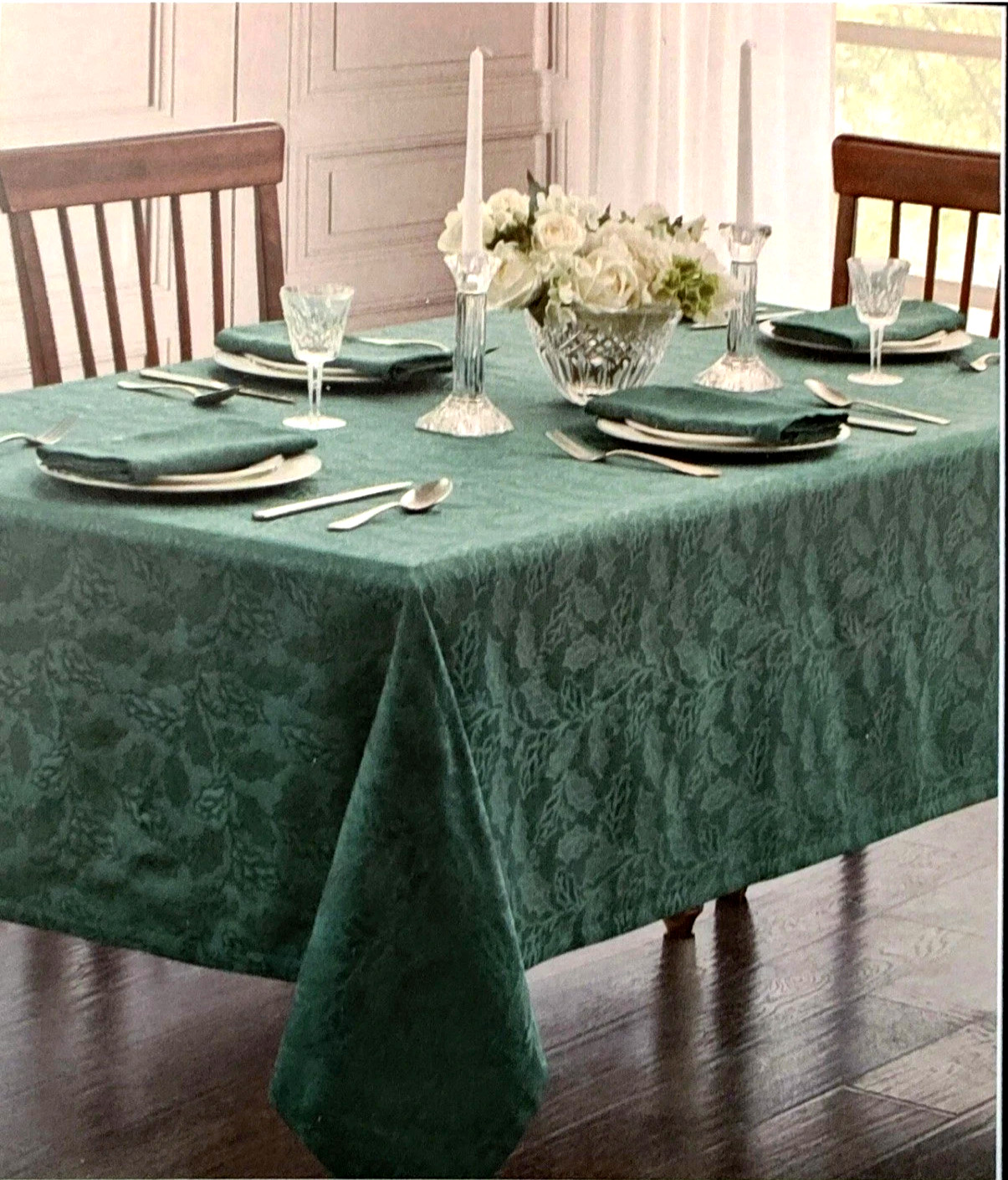 Waterford Festive Sprig Forrest Green Tablecloth 70x104” Formal Christmas in EUC