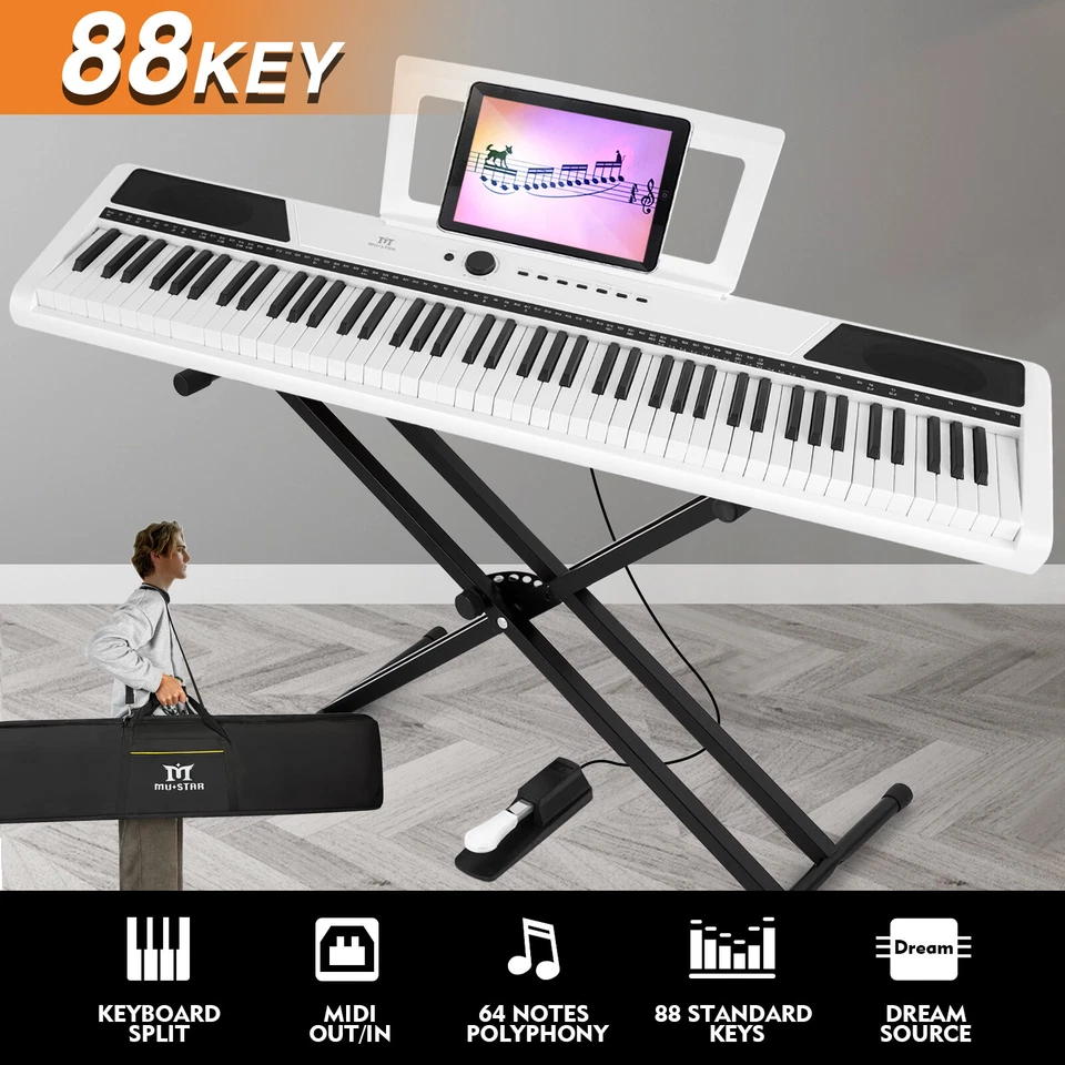 ♬Mustar Portable Digital Piano 88 Semi Weighted Keys Keyboard Pedal Stand White - Image 2 of 4