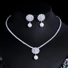 Flower Pearl Drop Wedding Necklace Earring Bridal Silver Plated CZ Jewelry Set