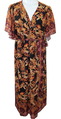 Maree Pour Toi Black Orange Gold Floral Wrap Dress Flutter Sleeves NWT 18