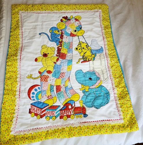 Vintage Kinderzimmer Krippe Zoo Tiere Steppdecke Babydecke Handarbeit 40,5” x 33,5”