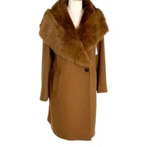 NEW Fleurette Shearling collared Wool Coat in Brown - Size 10 #W31