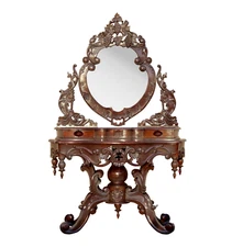 Antique Rococo Revival Vanity Table - Hand-Carved Mirror, Floral & Grape Details