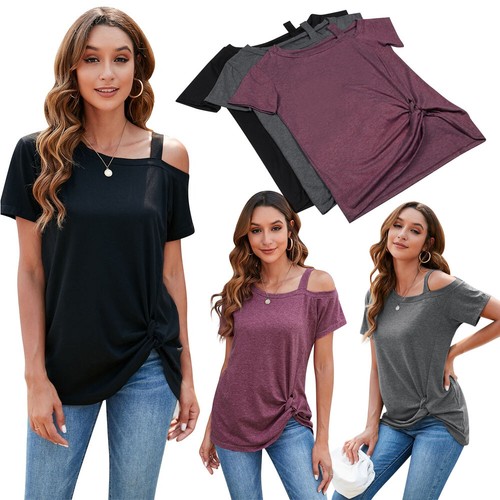 Ladies Casual Solid Color Short Sleeve Side Knot T-Shirt Crew Neck Tunic Top - Picture 3 of 27