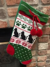 Kitty Cat Christmas Stocking, Black Cats, Green liner Knit Fair Red Green NWT