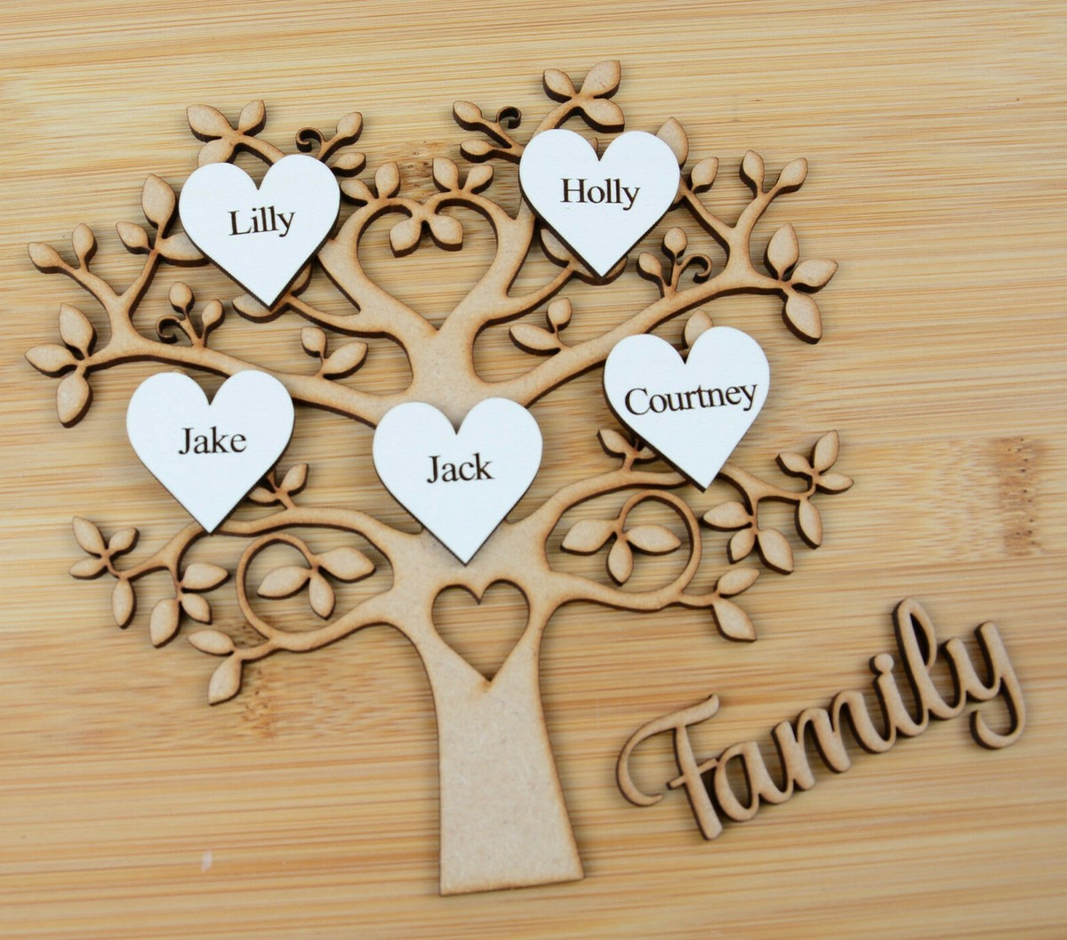 MDF Family Tree with Personalised Engraved White Hearts Painted