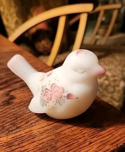 Fenton Rose Garden Songbird Frosted Hand Painted Signed