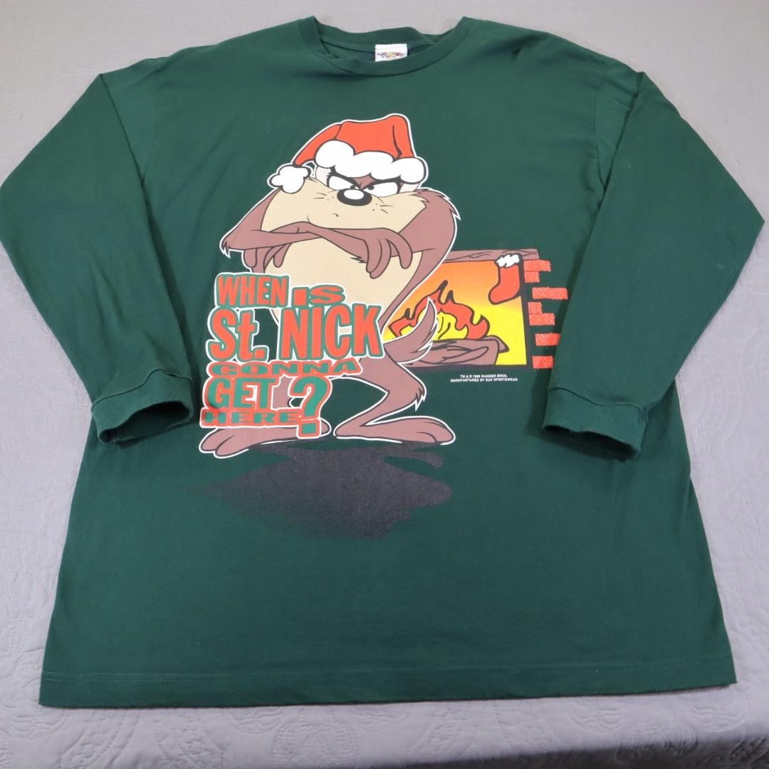 Vintage Looney Tunes Taz Shirt Mens XL Santa Green Long Sleeve Christmas 90s