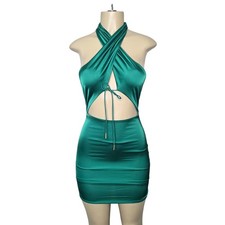 Blanc Clothing Dress Womens S Green Speechless Halter Cutout Satin Mini Clubwear