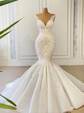 V-neck Mermaid Wedding Dresses for Bride Appliques Floor Length Bridal Gowns