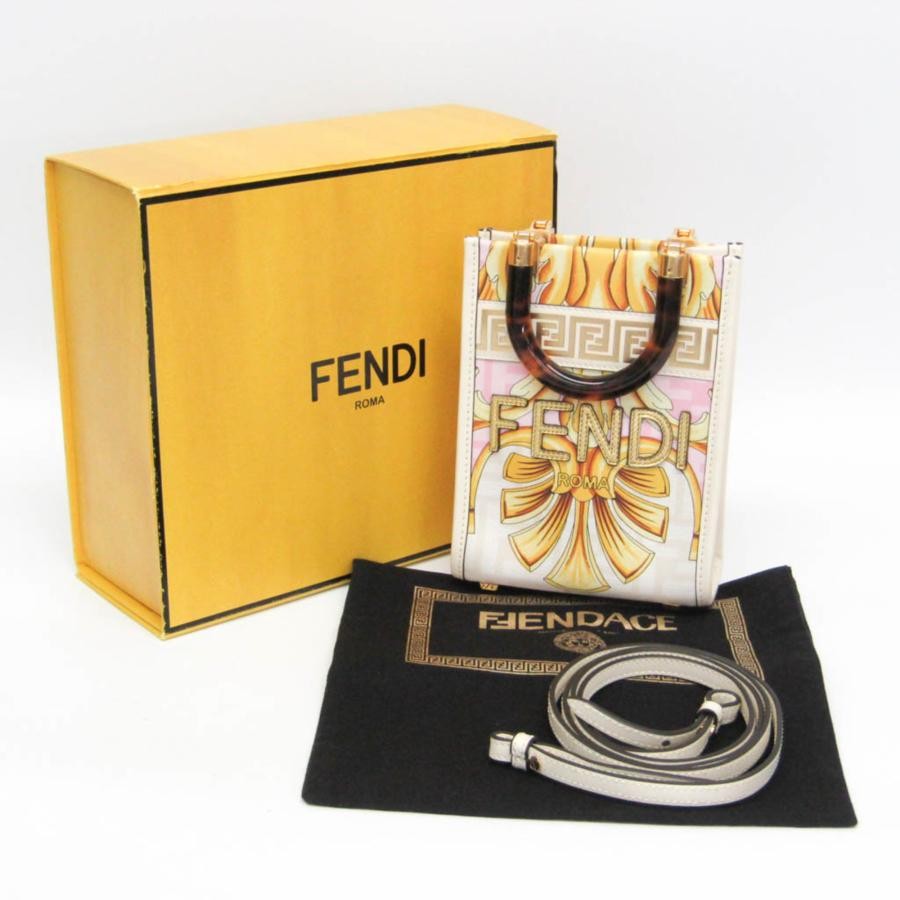 Fendi FENDACE Mini Sunshine Shopper Leather Canvas Gold White Shoulder Bag Auth