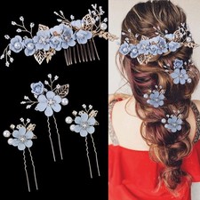 4 Pieces Bridal Flower Wedding Hair Comb Rhinestones Crystal Moderate, Blue