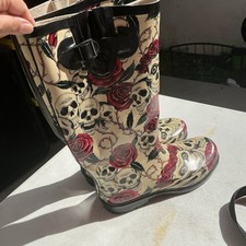Women Tall Rubber Skull  Roses Adjustable Buckle Snow Rain Boots Size 7