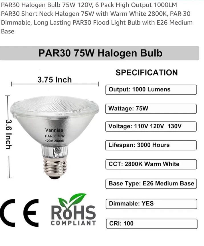 6pc PAR30 Short Neck Flood Light Bulbs 75W E26 Base Warm White 2800K for Accent - Image 2 of 2