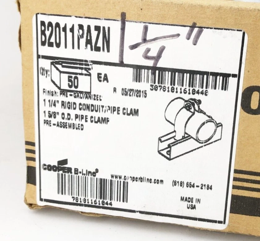 Box of 50 New Cooper B-Line B2011PAZN Conduit Clamps 1-1/4" RGD 1-5/8 - Image 2 of 4