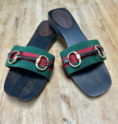 GUCCI Signature Web Horse Bit Wood Slide Clog Sandals Sz: Leather  Accents