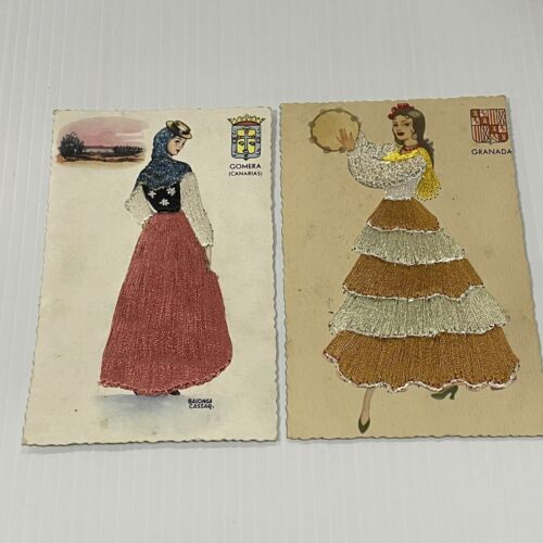 2 Vintage 1950s Silk Hand Embroidered Gomera  Balonga Cassar & Granada Postcards - Picture 1 of 9