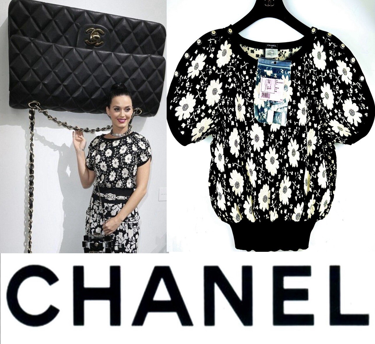 4K Chanel 2014 Black Floral Printed Sweater Top 40 42 44 8 10 12 Shirt 14c M L thumbnail 2