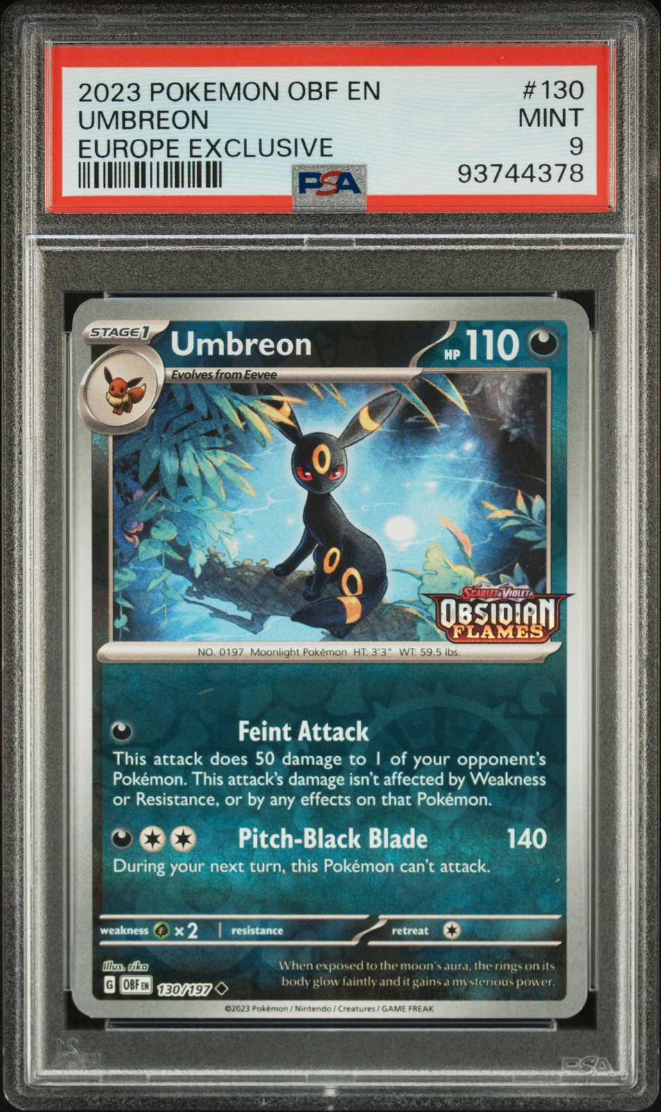 PSA 9 Umbreon Europe Exclusive #130 2023 Pokemon Obf En-Obsidian Flames 93744378