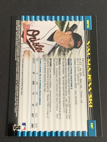 2002 BOWMAN DRAFT PICKS & PROSPECTS - VAL MAJEWSKI #BDP76 RC BALTIMORE ORIOLES - 第 2/2 張圖片