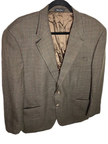 CHAPS Vintage Olive Brown Houndstooth 100% Wool Blazer Jacket Mens 44R (48 Tape) - Afbeelding 1 van 8