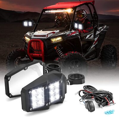 For 1.75''-2'' Roll Cage For UTV Polaris RZR Rear View Side Mirrors w/ LED Lights