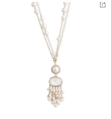 $85 Carolee Gold Tone Crystal  & Faux Pearl 28 /36  Double Row Pendant X623
