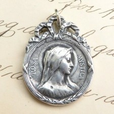 Medalla Virgen María Rosa Mística / Nuestra Señora de los Cuatro - Plata de Ley Antigua