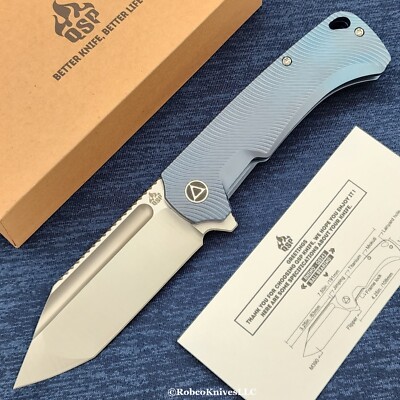 QSP Knives Rhino M390 Satin Compound Blade Blue Wave Titanium Handles QS143-I