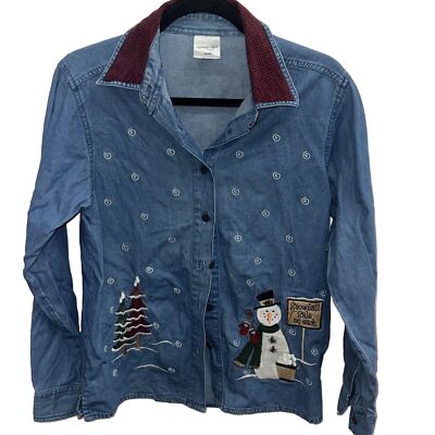 Decorated Originals Woman's Size Medium Denim Button Up Christmas Snowman Shirt