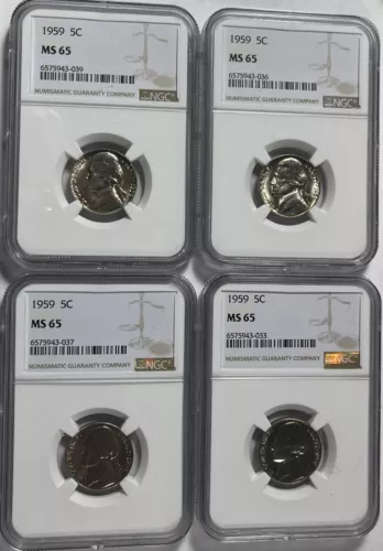 1959 Jefferson 5C NGC MS65 4 Pcs. (#18013)  Fresh Holders.