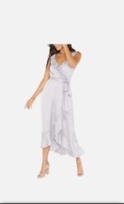 SHOW ME YOUR MUMU Samantha Ruffle Wrap Dress Silver Luxe Satin Size S