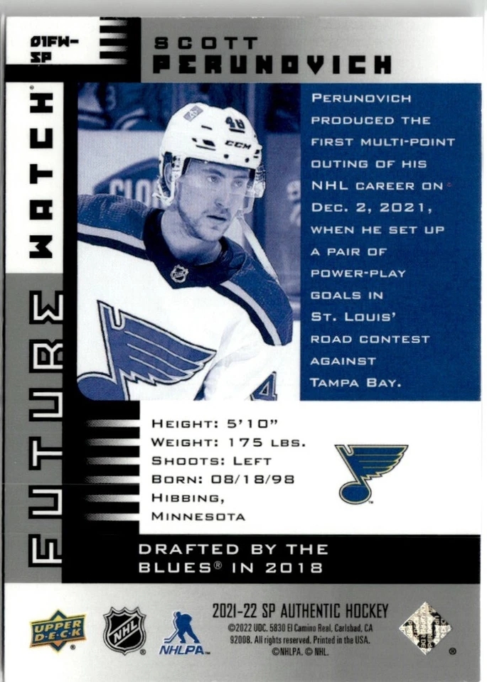 2021-22 SP Authentic FW retro Scott Perunovich Rookie /900 #01FW-SP H7R2J - Image 2 of 2