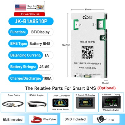 JK BMS 4S-8S 12V-24V 100A Li-ion LiFePo4 BMS with 1A Active Balance BT/RS485 lot