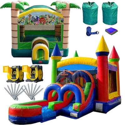 Commercial Inflatable Bounce House Water Slide Combo Tropical Rainbow Moonwalk