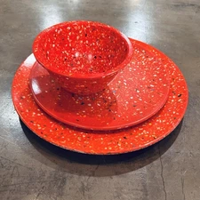 Lot Set Of 3 Zak Designs Melamine Red Confetti Dinner & Salad Plate & Bowl VTG