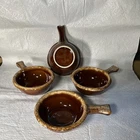 Hull Oven Proof Ceramic Brown Handled Soup Bowls Set of 4 Glossy Art Pottery