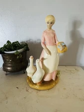 Byron Molds Porcelain GIRL FEEDING GEESE 9.25" White Goose Birds Farm Girl Apron