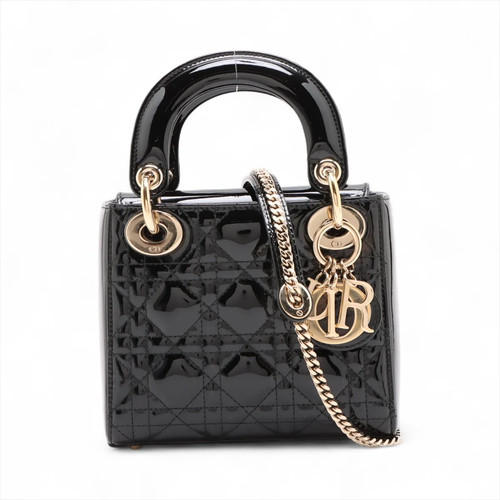 Christian Dior Lady Dior Mini Cannage Patent Leather 2 Way Handbag Black