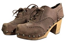 VTG 70s Wood Platform Chunky Heels Brogues Oxford Brown Suede Size 7 Retro Y2K