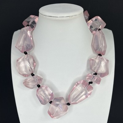 Chunky Lucite Necklace Rock Candy Ice Cube Clear Light Pink Modernist Statement