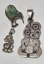 Vintage Sterling Silver New Zealand Maori Hei Tiki Pendants and Paua shell Kiwi 